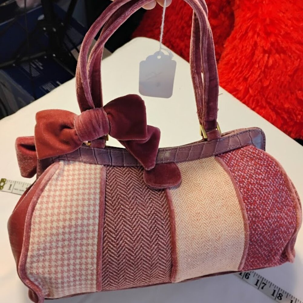 Patchwork Tweed Mini Handbag – Velvet Bow Purse – Vintage Inspired Top Handle - Picture 2 of 6